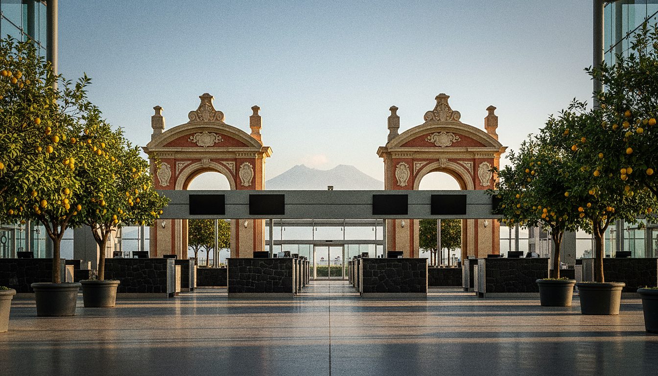 Abflughalle mit Check-in-Schaltern am Flughafen Catania