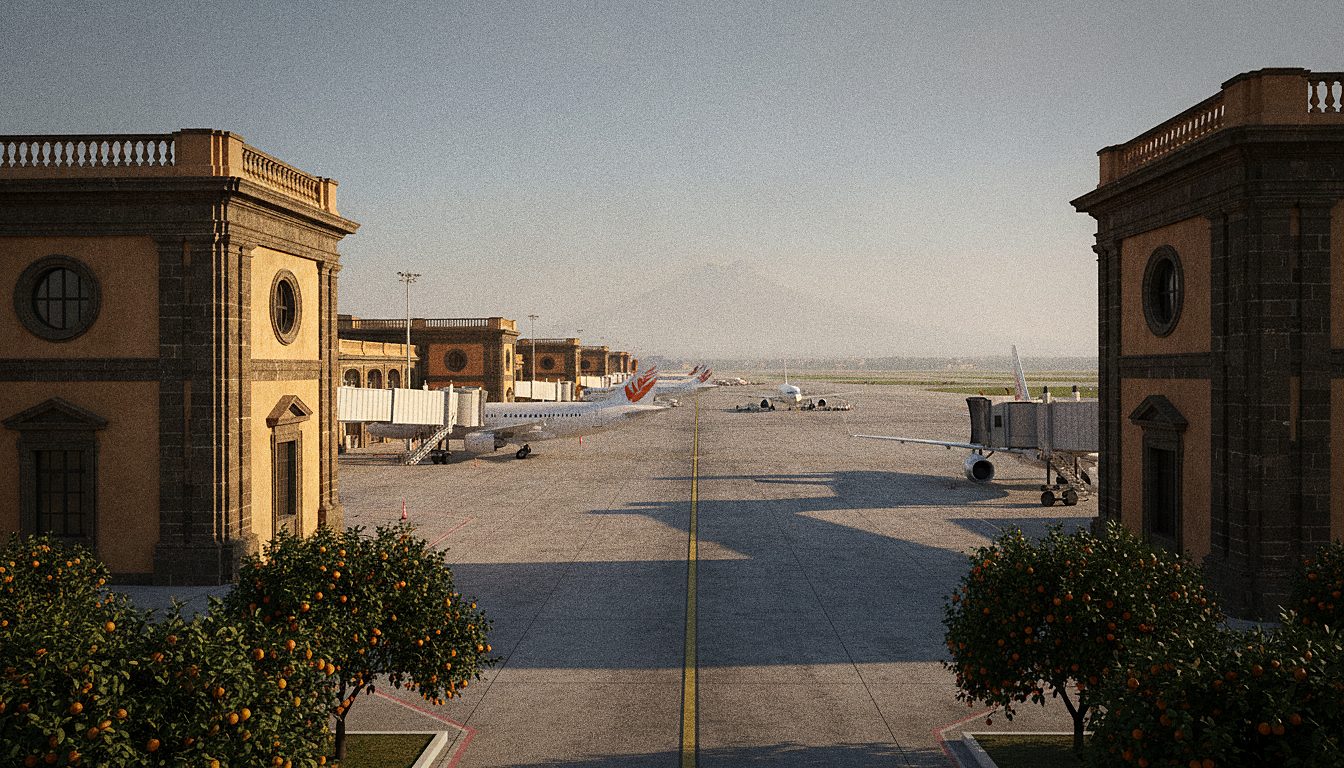 Vorfeld des Flughafens Palermo mit Flugzeugen an den Fluggastbrücken
