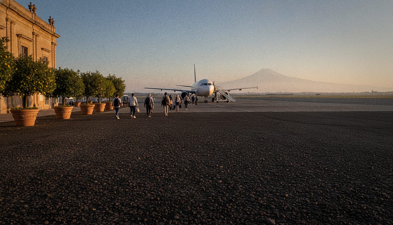 Vorfeld des Flughafens Trapani mit Flugzeug und Passagieren zu Fuß